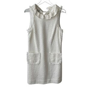 Sara Campbell Ruffle‎ Neck Tweed Sleeveless White Shift Dress With Pockets Sz 12